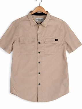 CAT Caterpillar Medium Button Down Short Sleeve Work Shirt Beige